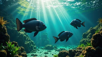Fototapeta premium Three sleek black damselfish glide gracefully, their eyes alight with curiosity as they navigate through lush coral and vibrant underwater flora. Rocks rise majestically, framing this serene aquatic b