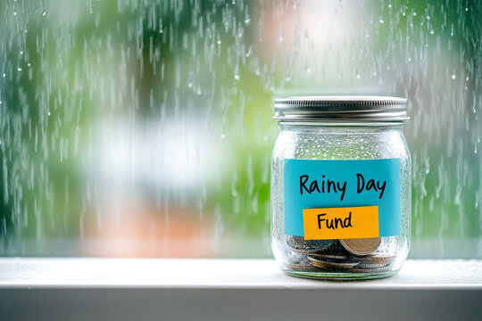 A jar labeled "Rainy Day Fund" sits on a windowsill, with raindrops on the glass, symbolizing savings for unexpected expenses.