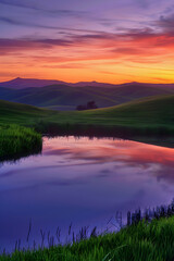Fototapeta premium Serene Sunset Over Rolling Hills: A Tranquil Evening Symphony in Natural Beauty