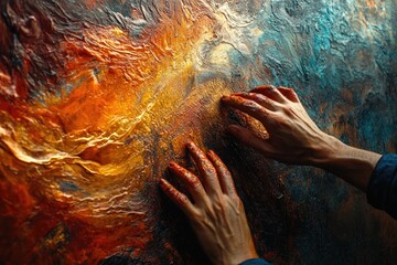 Hands interacting with a vibrant, textured oil painting, showcasing rich oranges, golds, and blues.