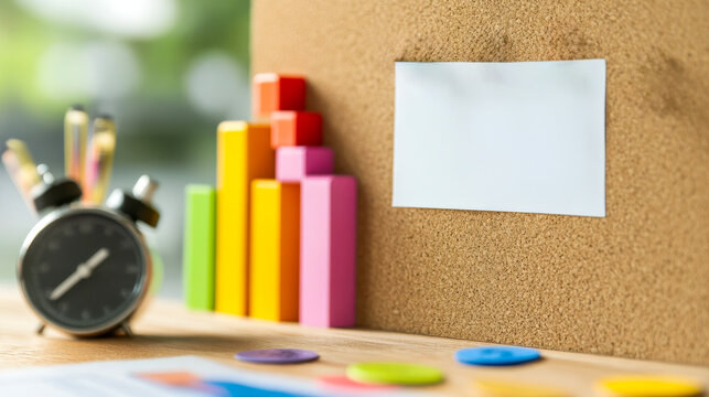 A workspace scene featuring colored charts, a blank label on a corkboard, and a clock, suggesting organization and productivity. - Powered by Adobe