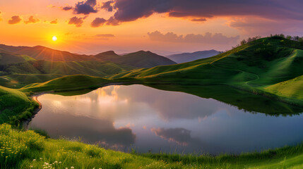 Serene Sunset Over Rolling Hills: A Tranquil Evening Symphony in Natural Beauty