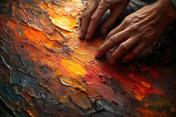 Aged hands delicately touch a vibrant, impasto oil painting, showcasing rich textures and fiery...