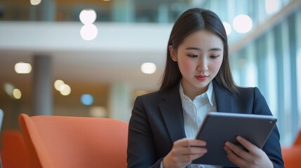 Fototapeta premium Young Woman Reviewing Notes on Tablet in Modern Waiting Area