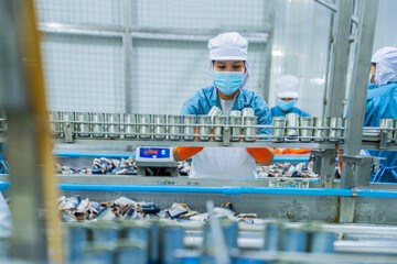 Worker wearing a protective mask, gloves, and cap supervising the assembly line in a food processing plant, emphasizing hygiene, safety protocols, and precision manufacturing.