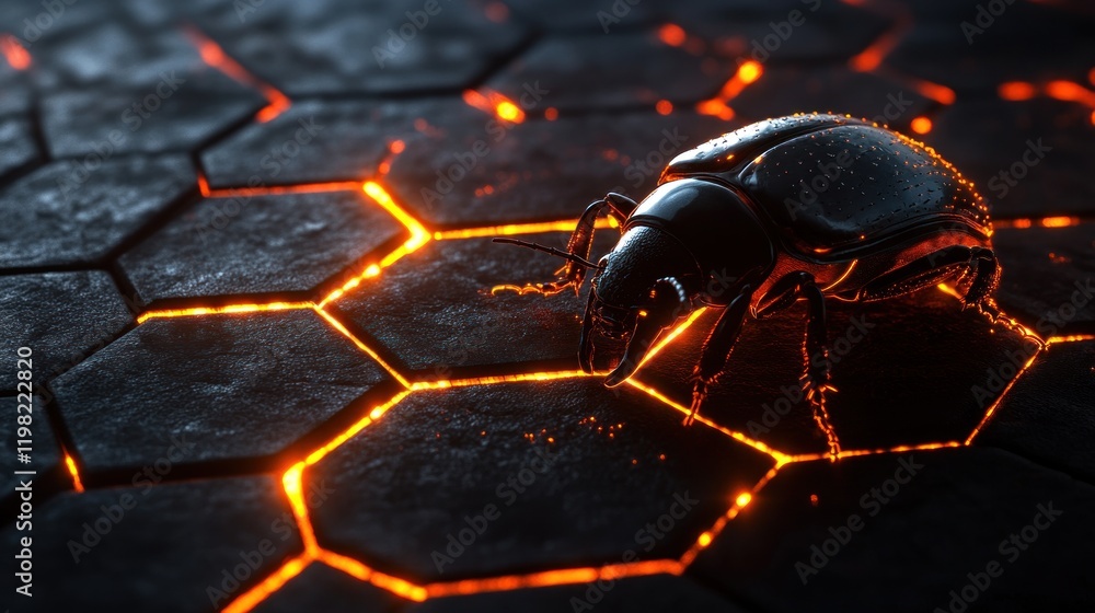 Poster metallic insect on glowing hexagonal surface. (2)