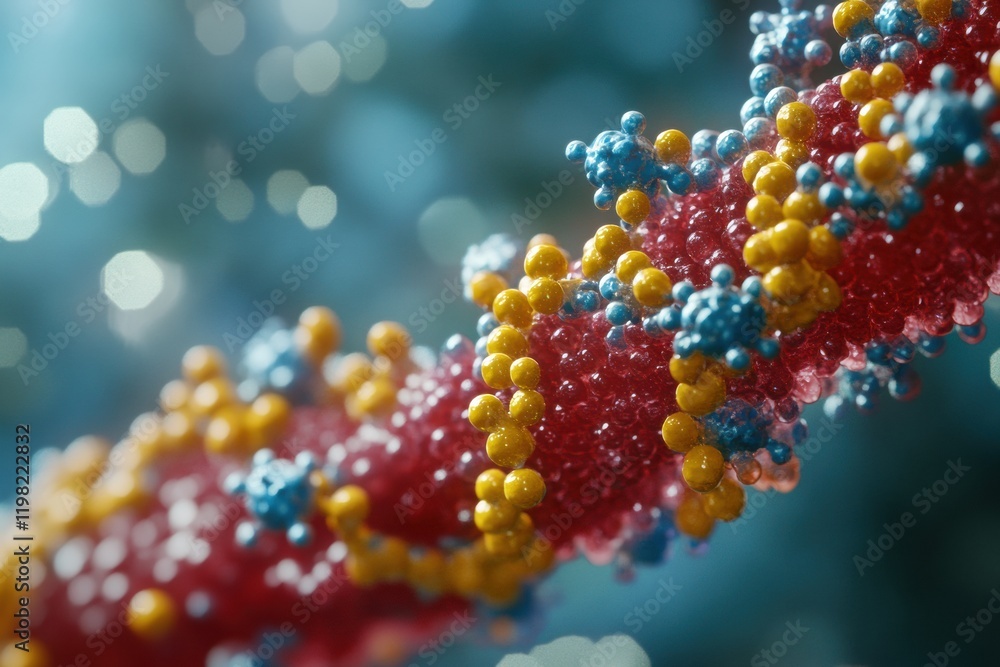 Leinwandbilder close up view of molecular rna chain with surrounding viruses revealing complex biological interacti
