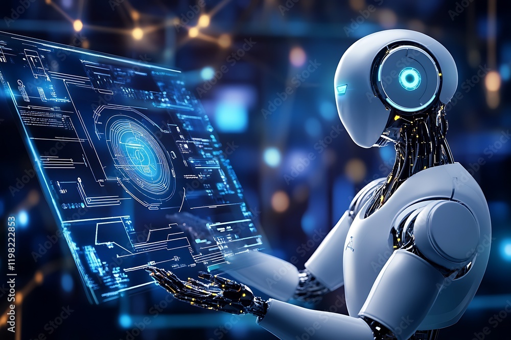 Poster Futuristic AI Robot Interacting with Digital Display in Advanced Technology Environment : Generative AI