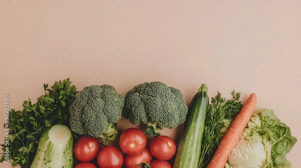 Poster fresh garden vegetables broccoli tomatoes and greens on a rustic background : generative ai