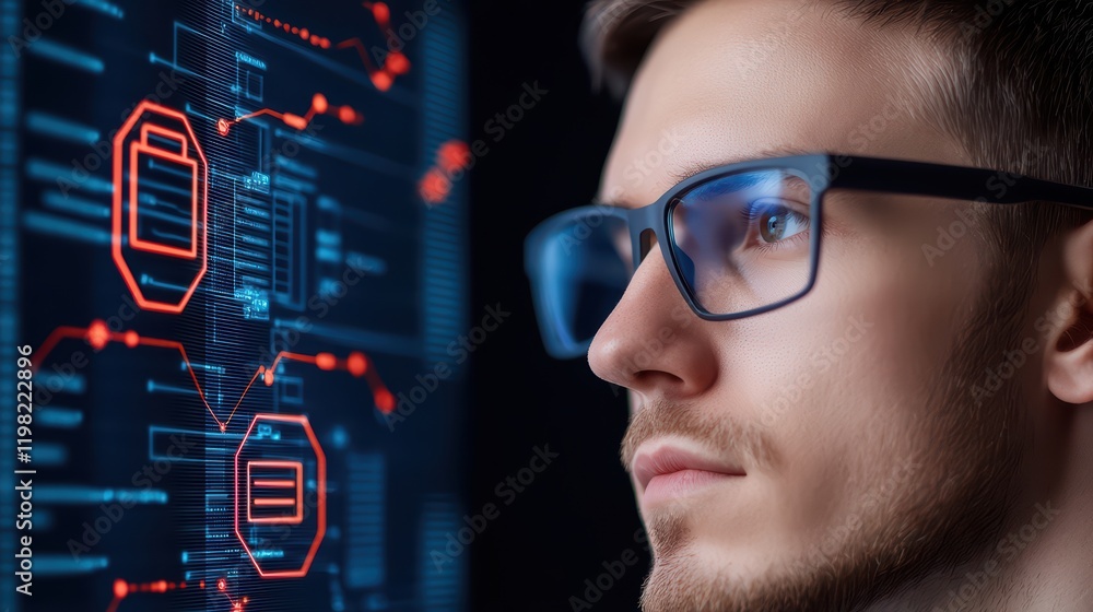 Aufkleber young man analyzing digital data on futuristic interface display