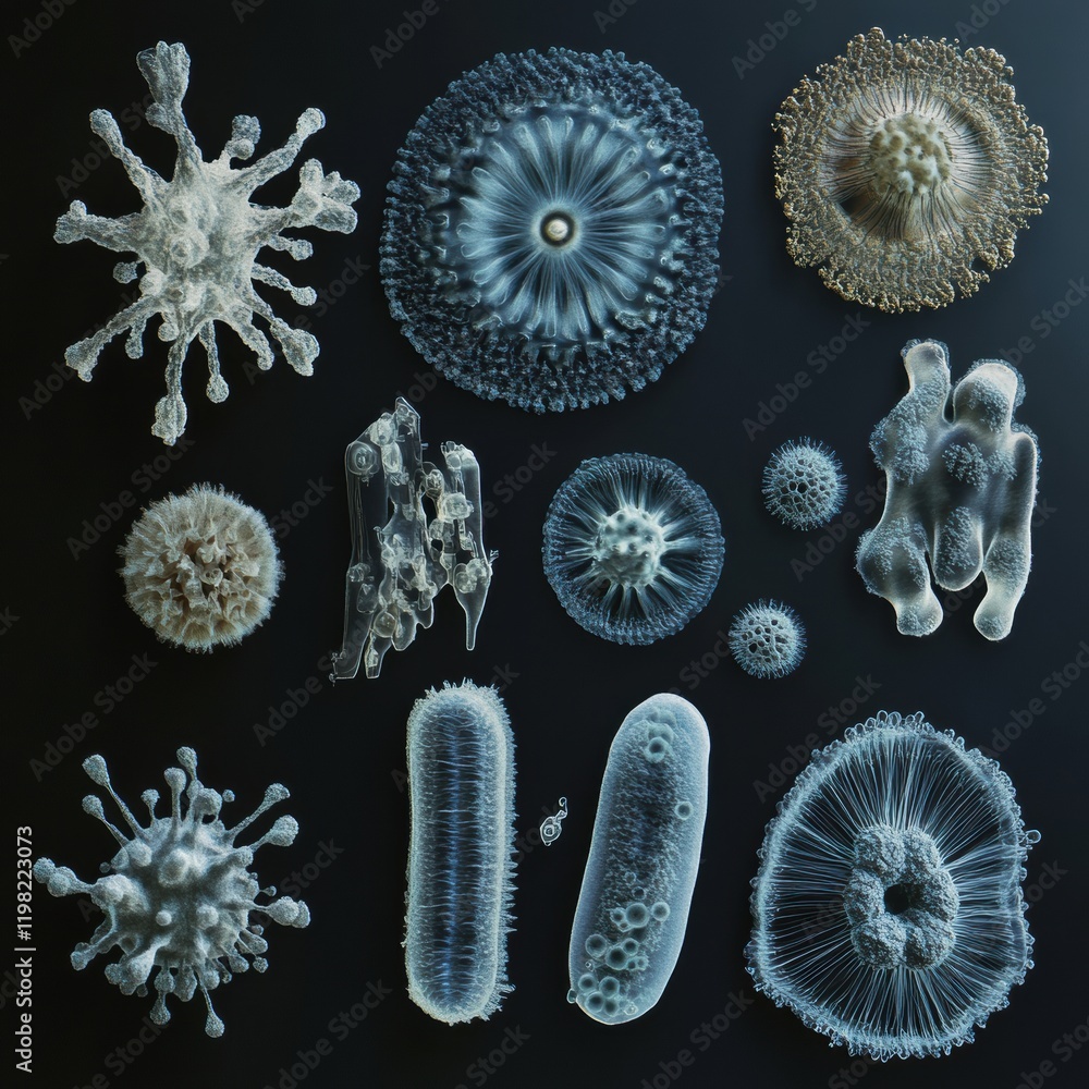 Aufkleber bacteria evolution sequence showing diverse shapes and structures under a microscope over time. gene