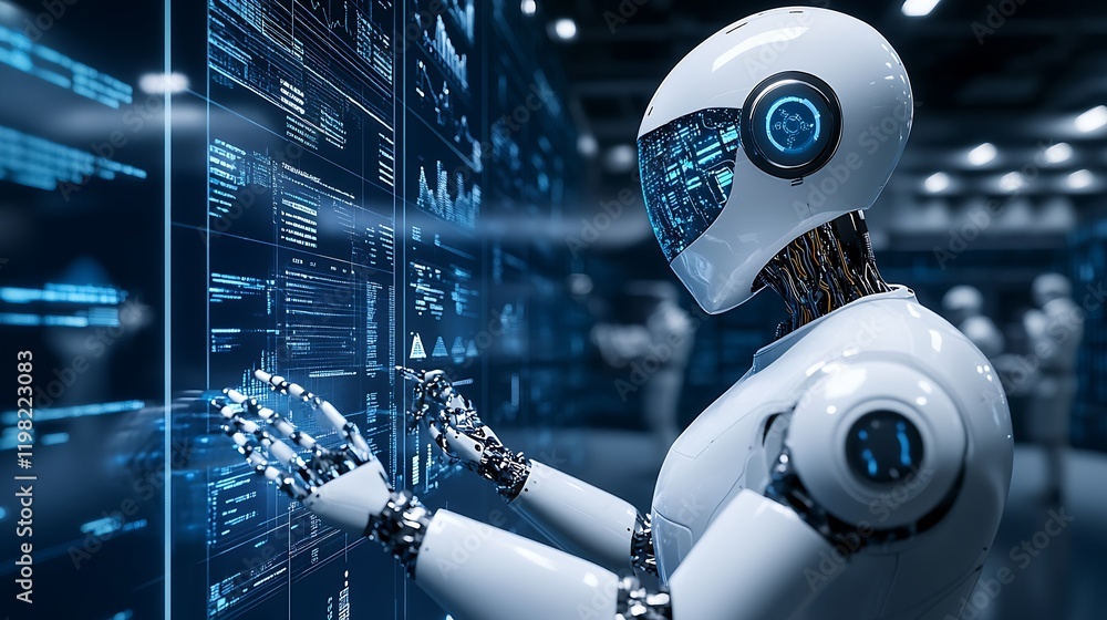 Aufkleber Futuristic Robot Analyzing Data on Digital Screen in Modern Technology Hub : Generative AI