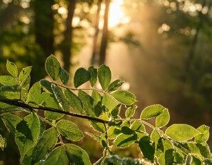 Obraz premium Mystical Forest at Dawn Where Dew on Leaves Sparkles