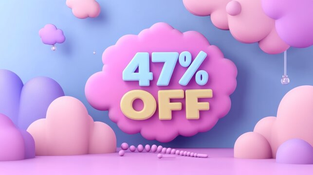 3D render of 47% off sale promotion in pastel colors with clouds.