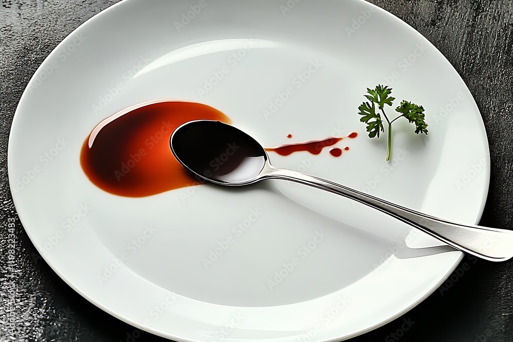 Poster Minimalist Culinary Presentation with Red Sauce and Parsley Garnish on White Plate : Generative AI