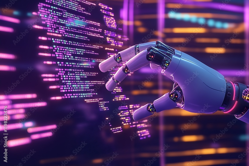 Leinwandbilder Futuristic Robotic Hand Writing Code in Neon Lighting for AI Development : Generative AI
