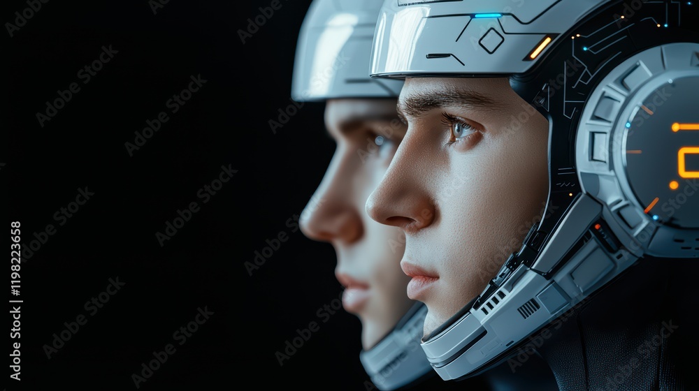 Poster futuristic humanoid robots in a sci-fi setting with advanced technology