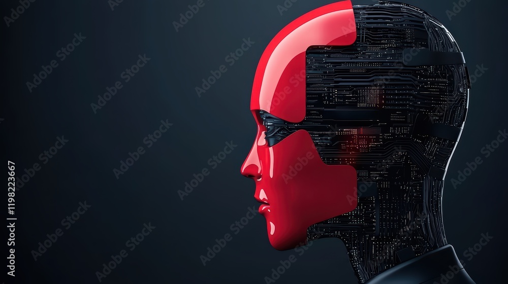 Poster futuristic red robot head with circuit pattern on a dark background