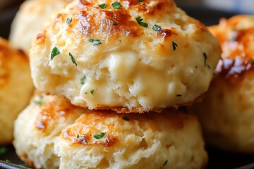 Close-Up of Golden Fluffy Cheese Biscuits with Parsley Topping Freshly Baked for a Delicious Treat : Generative AI