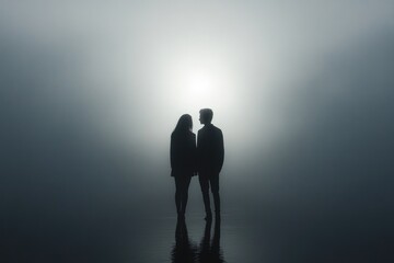 Obraz premium Silhouette of a couple standing hand-in-hand in a foggy landscape, facing each other.