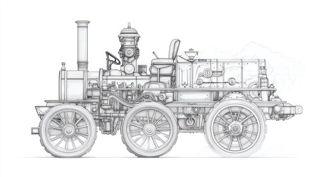 Side view sketch of antique steam traction engine.