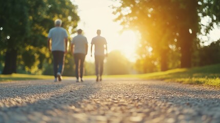 Obraz premium Three Men Walking Together on a Scenic Path During Golden Hour, Surrounded by Vibrant Green Trees and Soft Sunlight in a Serene Outdoor Setting