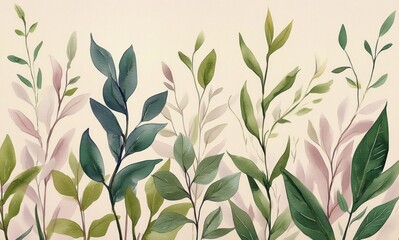 Obraz premium Watercolor Botanical Illustration of Diverse Plants and Leaves on Beige Background for Wall Mural Decoration