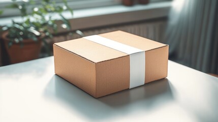 Brown Cardboard Box with White Label Soft Light Textures Mockup Packaging