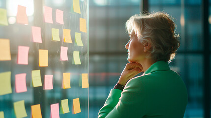 Transparent Partition with Neon Sticky Notes and Thoughtful Professional