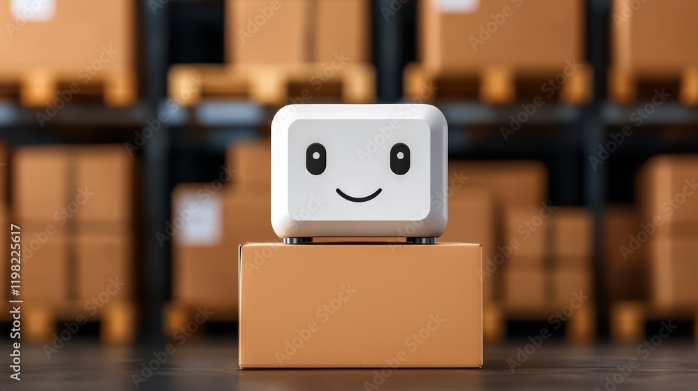 Poster smiling robot on box in warehouse with cardboard background