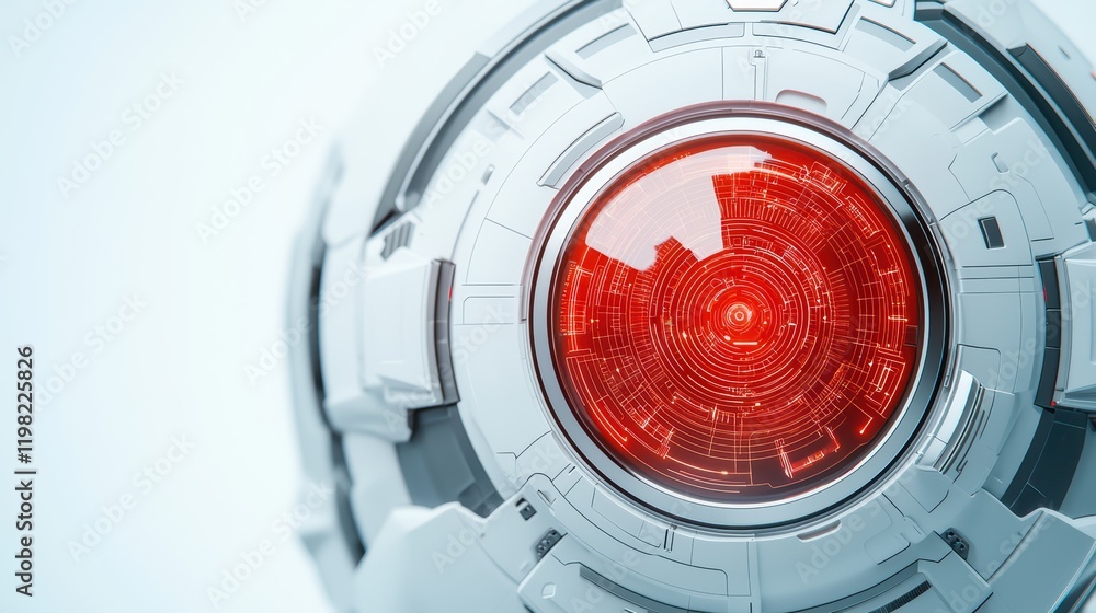 Poster futuristic robot sphere with red eye and high-tech circuitry design