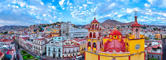 Panoramic view of the city of Guanajuato. Its basilica and university look grandiose in the middle...