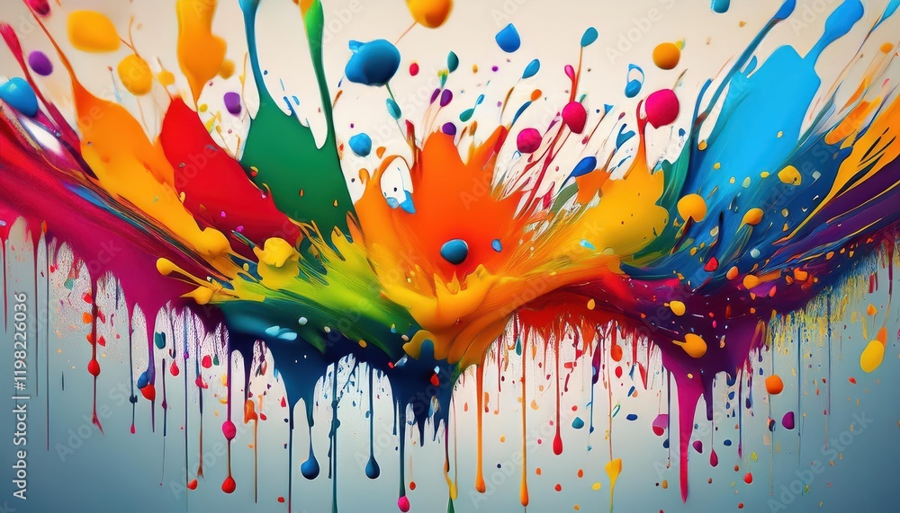 Poster vibrant and abstract paint splash explosion colorful confetti backdrop with a chaotic swirl of liqui