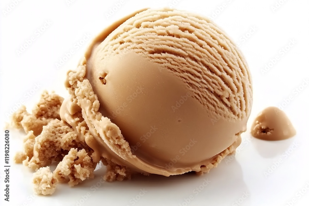 Poster close-up of caramel ice cream scoop on white background : generative ai