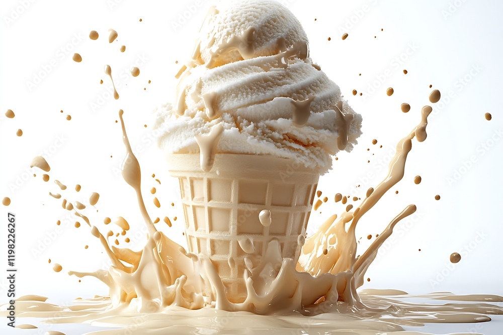Poster creamy ice cream in waffle cone with dramatic splash and smooth surface : generative ai