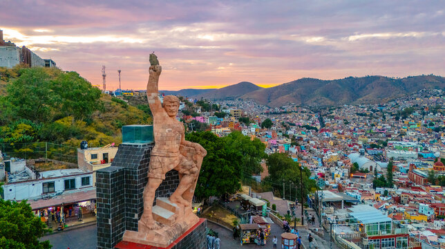December 5, 2025. Guanajuato, Mexico: Aerial view of the monument to Mexican hero P&iacute;pila in the city of Guanajuato at sunset.