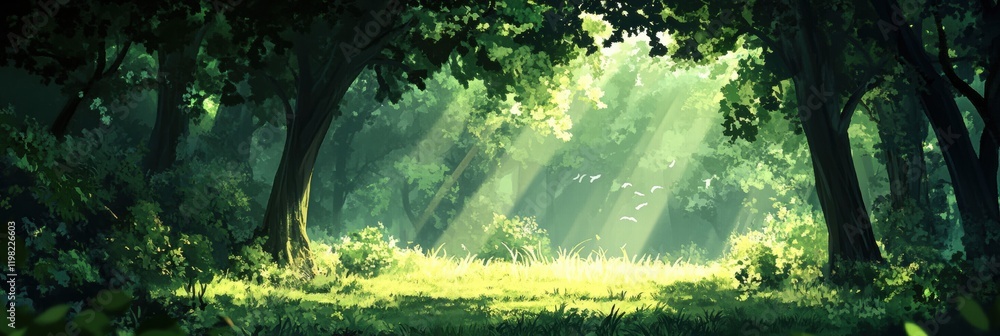 Leinwandbilder serene green forest with sunlight filtering through leaves creating a peaceful atmosphere for relaxa