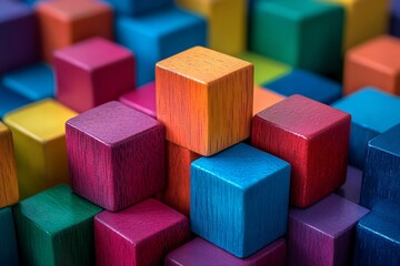 Obraz premium Colorful wooden blocks, structured pyramid, close-up, business concept