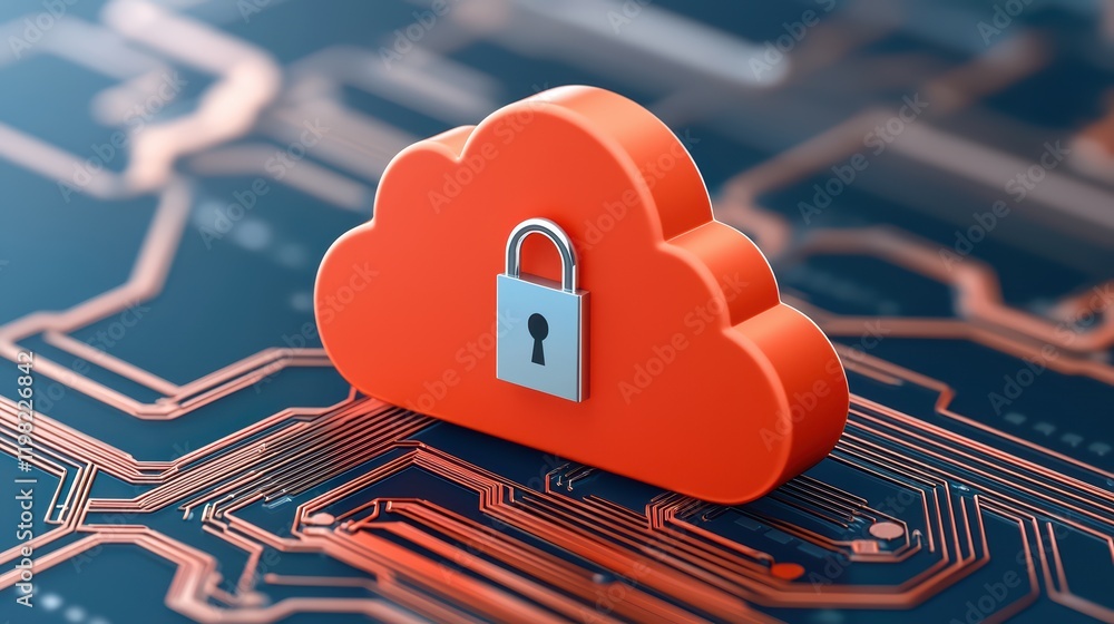 Poster secure cloud storage concept with lock on digital circuit background