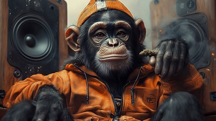 Cool chimp enjoying music, smoking, speakers background