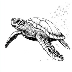 Obraz premium Majestic Sea Turtle: A Black and White Ink Illustration of a Graceful Marine Reptile Swimming in the Ocean
