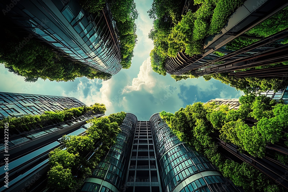 Poster modern urban architecture with lush greenery reaching skyward on a sunny day : generative ai