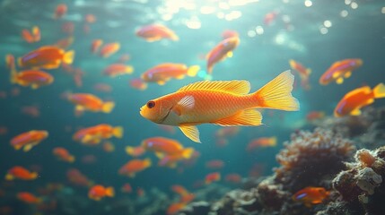 Vibrant Orange Fish Schooling in a Coral Reef Underwater Scene