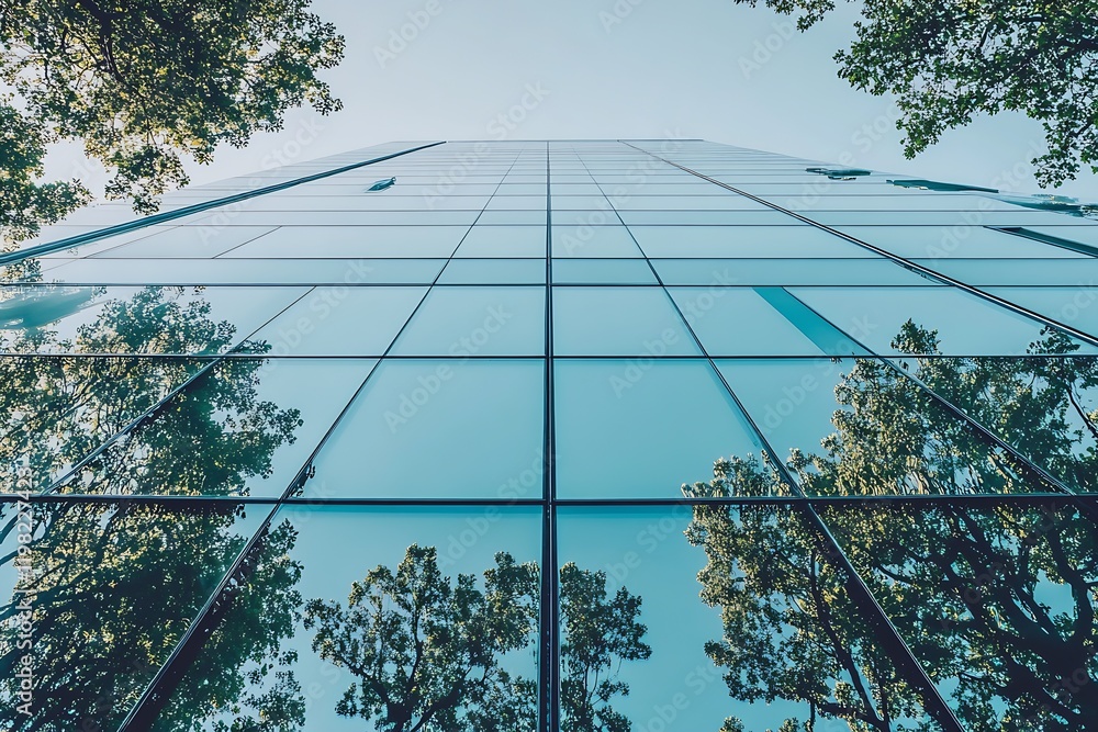 Poster Reflective Skyscraper with Trees and Sky Mirror Effect in Urban Architectural Setting : Generative AI