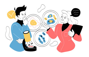 Team of immunologists. Man and woman in medical uniform studying viruses and bacteria. Scientific experiments in laboratory. Healthcare and medicine. Linear vector illustration