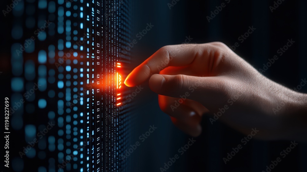 Poster digital interaction concept with finger touching data grid