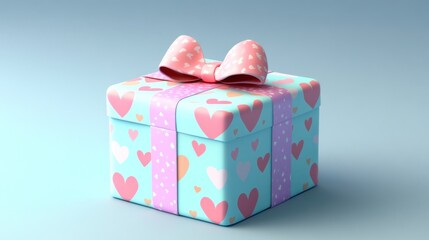 A light blue gift box with pink hearts and a bow.