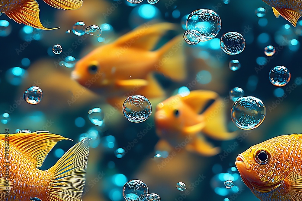 Poster blurred goldfish amidst clear bubbles in a serene underwater environment : generative ai