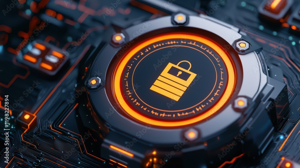 Poster digital lock icon on circuit board background for security concepts