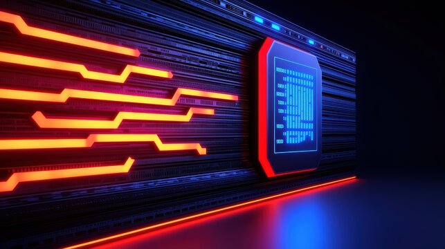 Futuristic Digital Circuit Board with Red and Blue Neon Lights